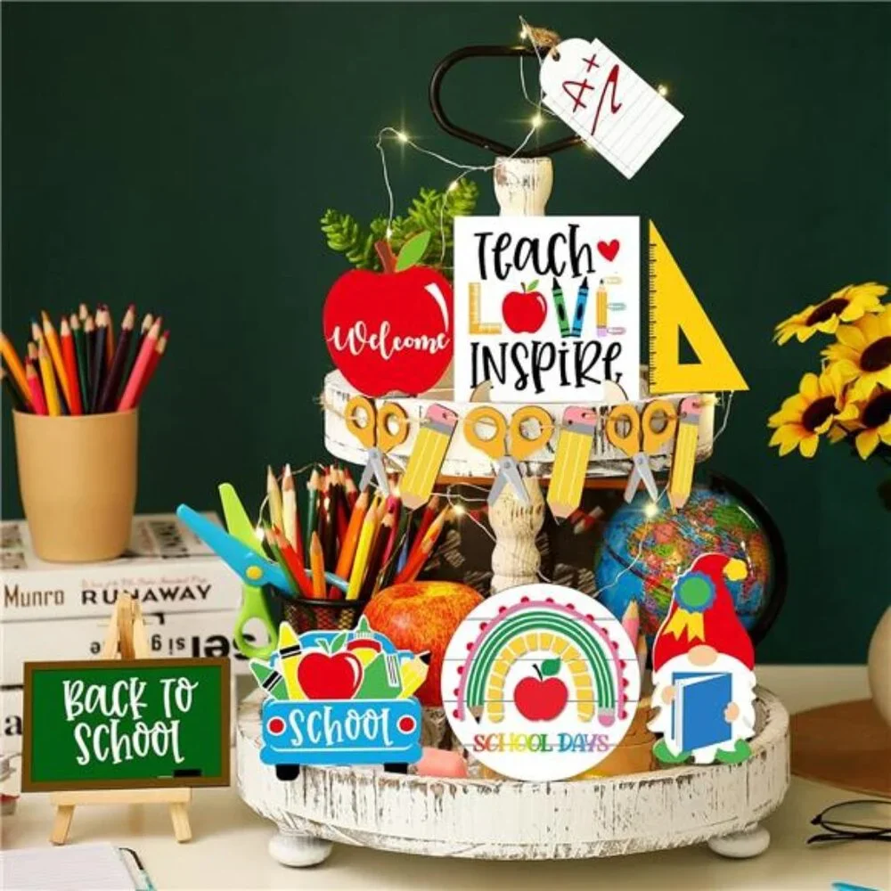 15 Pcs Back to School Tiered Tray Decor - Rustic Wooden‎ Signs & Farmhouse Set